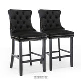 4X VELVET BAR STOOLS WITH STUDS TRIM WOODEN LEGS TUFTED