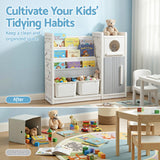 Keezi Kids Bookshelf and Toy Storage Organizer with 3-Tier Bookshelvs, 2 Removable Bins and 2 Storage Cabinets, Toddler Bookshelf with Toy Organizer for Kids' Rooms, Playrooms