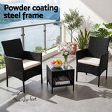 Gardeon 3PC Outdoor Bistro Set Patio Furniture Wicker Setting Chairs Table Cushion Black