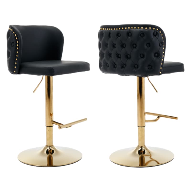 2X FAUX LEATHER GOLDEN BASE SWIVEL BAR STOOLS- BLACK