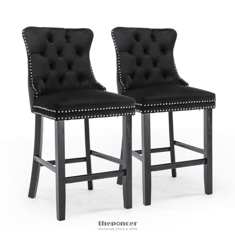 2X VELVET BAR STOOLS WITH STUDS TRIM WOODEN LEGS TUFTED