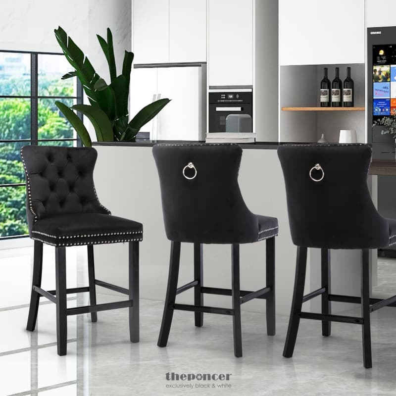 2X VELVET BAR STOOLS WITH STUDS TRIM WOODEN LEGS TUFTED