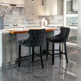 2X VELVET UPHOLSTERED BUTTON TUFTED BAR STOOLS WITH WOOD