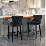 2X VELVET UPHOLSTERED BUTTON TUFTED BAR STOOLS WITH WOOD