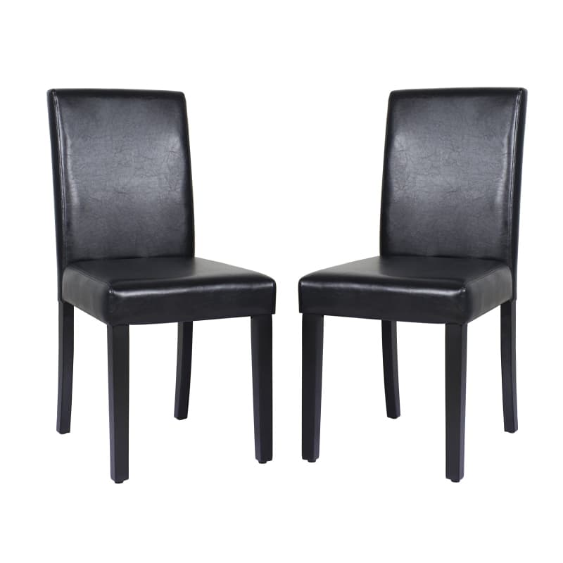 2X WOODEN FRAME BLACK LEATHERETTE DINING CHAIRS WITH SOLID