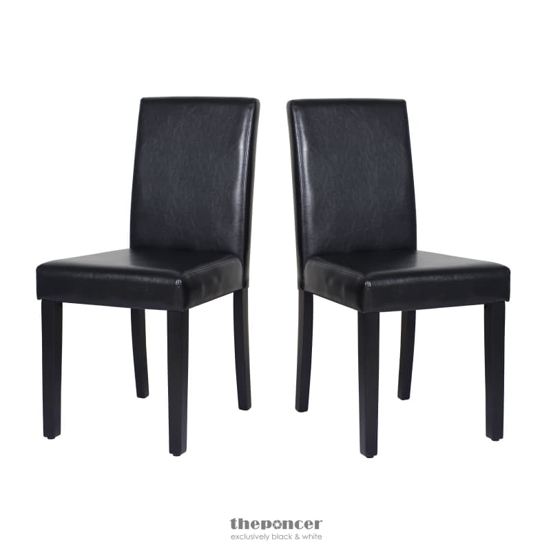 2X WOODEN FRAME BLACK LEATHERETTE DINING CHAIRS WITH SOLID