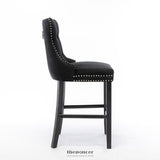 4X VELVET BAR STOOLS WITH STUDS TRIM WOODEN LEGS TUFTED