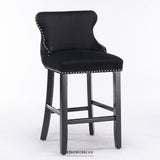 4X VELVET UPHOLSTERED BUTTON TUFTED BAR STOOLS WITH WOOD