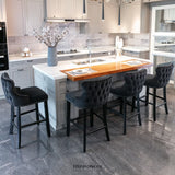4X VELVET UPHOLSTERED BUTTON TUFTED BAR STOOLS WITH WOOD
