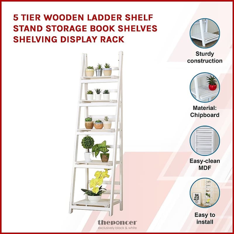 5 TIER WOODEN LADDER SHELF STAND STORAGE BOOK SHELVES