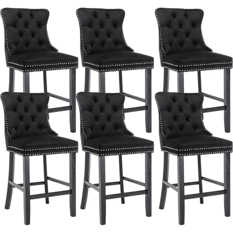 6X VELVET BAR STOOLS WITH STUDS TRIM WOODEN LEGS TUFTED