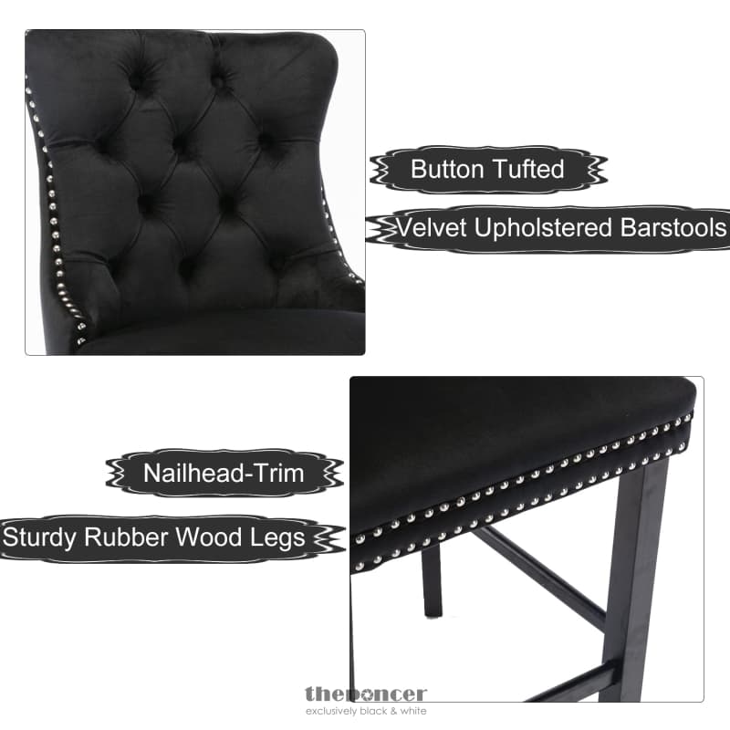 6X VELVET BAR STOOLS WITH STUDS TRIM WOODEN LEGS TUFTED