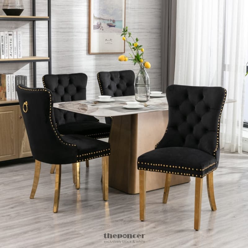 6X VELVET DINING CHAIRS WITH GOLDEN METAL LEGS-BLACK