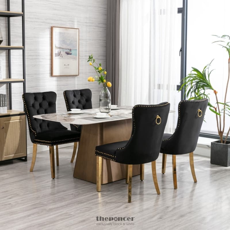 6X VELVET DINING CHAIRS WITH GOLDEN METAL LEGS-BLACK