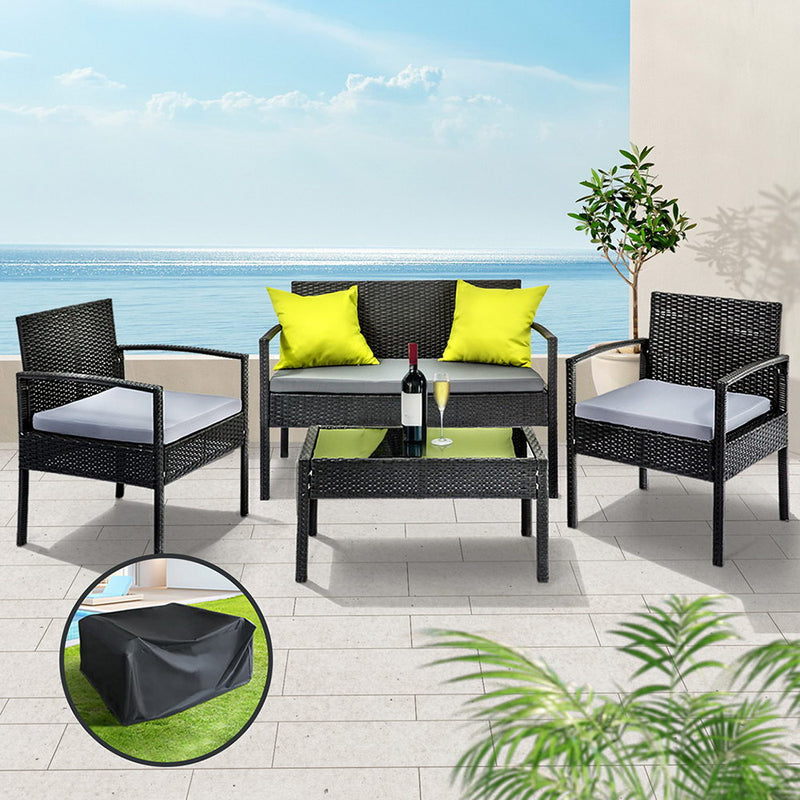 Gardeon Outdoor Sofa Set Wicker Lounge Setting Table and Chairs Storage Cover