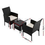 Gardeon 3PC Outdoor Bistro Set Patio Furniture Wicker Setting Chairs Table Cushion Black
