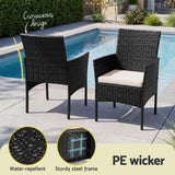 Gardeon 3PC Outdoor Bistro Set Patio Furniture Wicker Setting Chairs Table Cushion Black