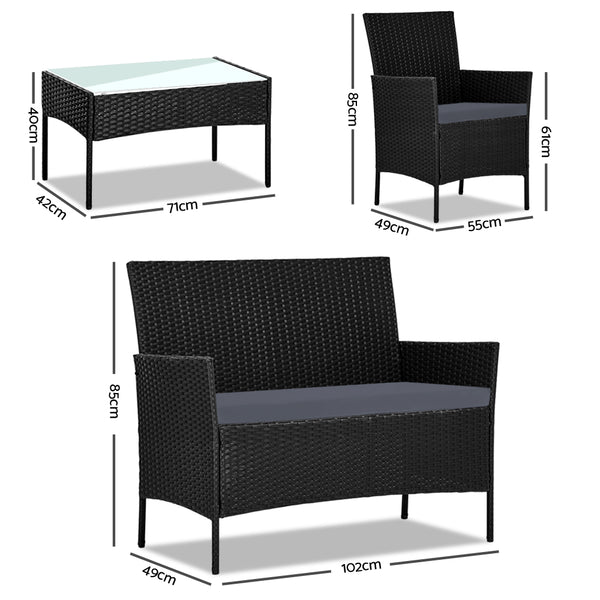 Gardeon 4 Piece Outdoor Lounge Setting Patio Furniture Sofa Set Black