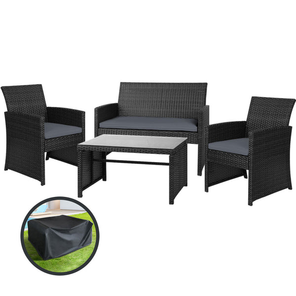 Gardeon 4 PCS Outdoor Lounge Setting Wicker Sofa Set Black Storage Cover