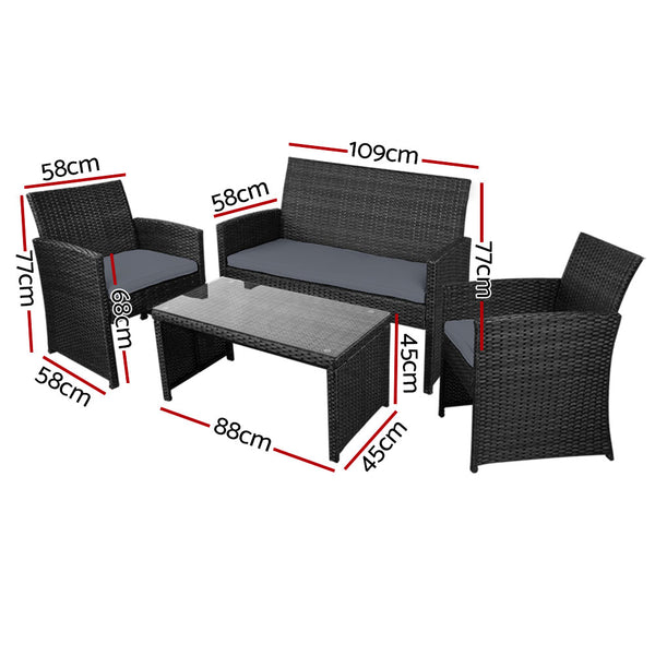 Gardeon 4 PCS Outdoor Lounge Setting Wicker Sofa Set Black Storage Cover