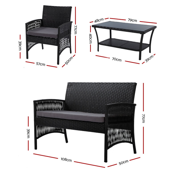 Gardeon 4PCS Outdoor Lounge Setting Sofa Set Patio Wicker Furniture Black