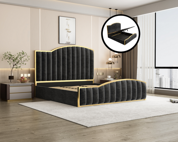 Elegant Luxury King Size Velvet Fabric Storage Bedframe Golden Trim-Black