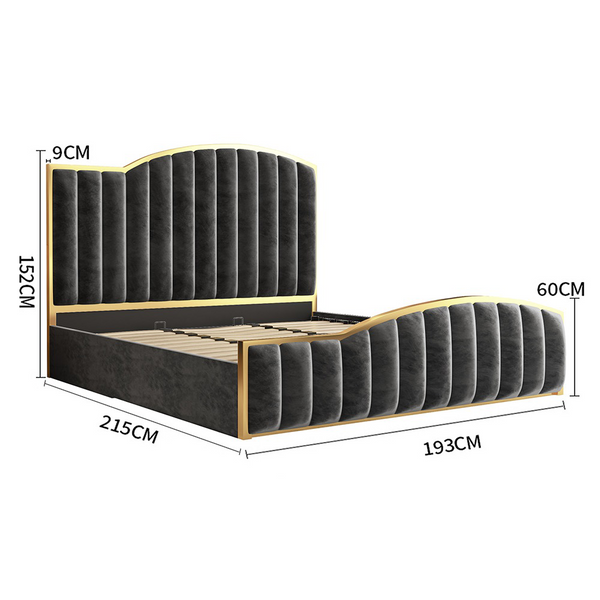 Elegant Luxury King Size Velvet Fabric Storage Bedframe Golden Trim-Black