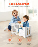 Montessori Weaning Table and Chair Set, 3 In 1 Wooden Toddler Table and Chairs with Chalkboard, Reading, Eating - White
