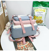 Women's Large Aesthetic School Backpack Black Nylon Daypack with Cute Bear Plushie & Pins For High School and University