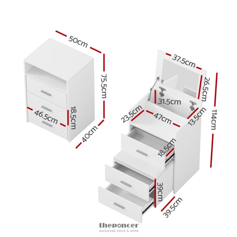 ARTISS 2-IN-1 DRESSING TABLE STOOL SET BEDSIDE TABLE WHITE