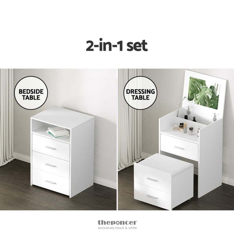 ARTISS 2-IN-1 DRESSING TABLE STOOL SET BEDSIDE TABLE WHITE