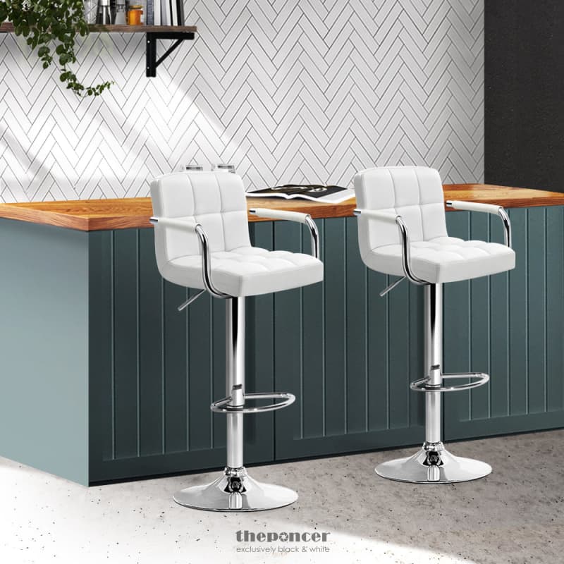 ARTISS 2X BAR STOOLS LEATHER GAS LIFT W/ARMREST WHITE