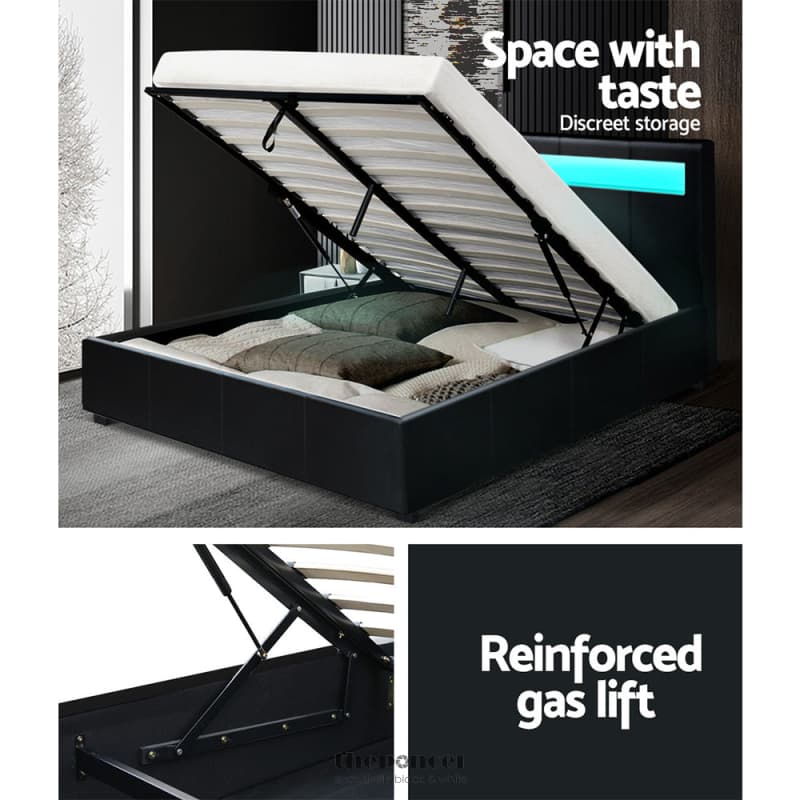 ARTISS BED FRAME DOUBLE SIZE LED GAS LIFT BLACK COLE