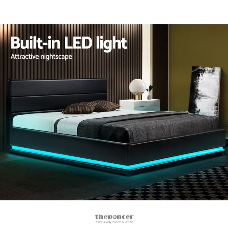 ARTISS BED FRAME DOUBLE SIZE LED GAS LIFT BLACK LUMI