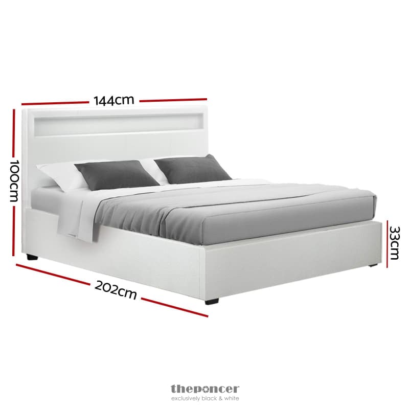 ARTISS BED FRAME DOUBLE SIZE LED GAS LIFT WHITE COLE