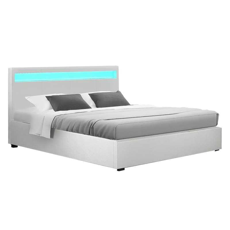 ARTISS BED FRAME DOUBLE SIZE LED GAS LIFT WHITE COLE