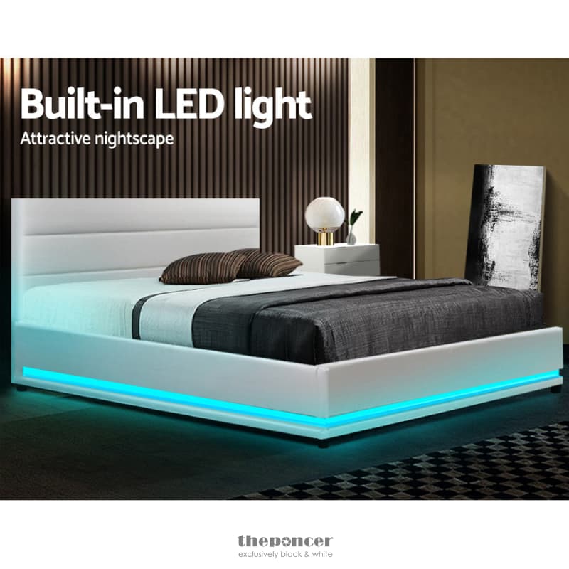 ARTISS BED FRAME DOUBLE SIZE LED GAS LIFT WHITE LUMI