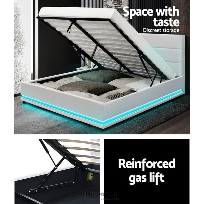 ARTISS BED FRAME DOUBLE SIZE LED GAS LIFT WHITE LUMI