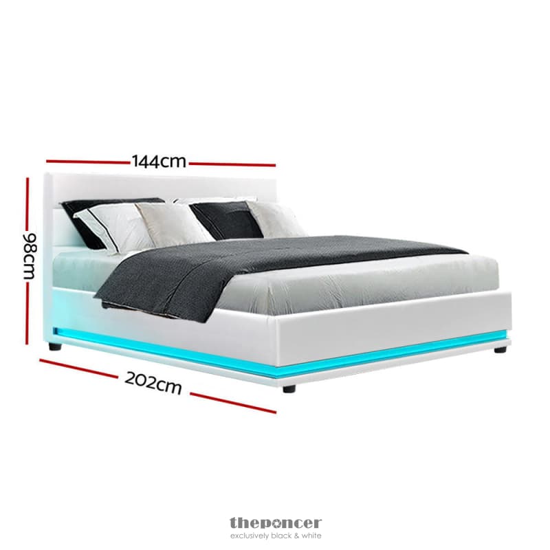 ARTISS BED FRAME DOUBLE SIZE LED GAS LIFT WHITE LUMI