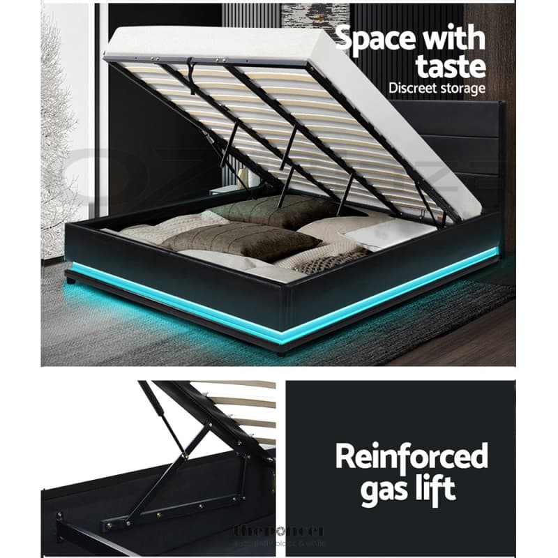 ARTISS BED FRAME KING SIZE LED GAS LIFT BLACK LUMI