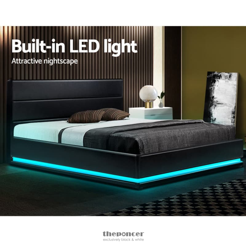 ARTISS BED FRAME KING SIZE LED GAS LIFT BLACK LUMI