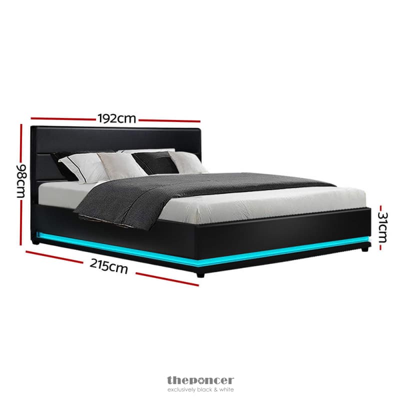 ARTISS BED FRAME KING SIZE LED GAS LIFT BLACK LUMI