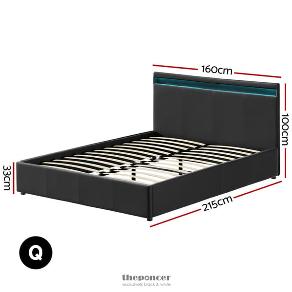 ARTISS BED FRAME QUEEN SIZE LED GAS LIFT BLACK COLE