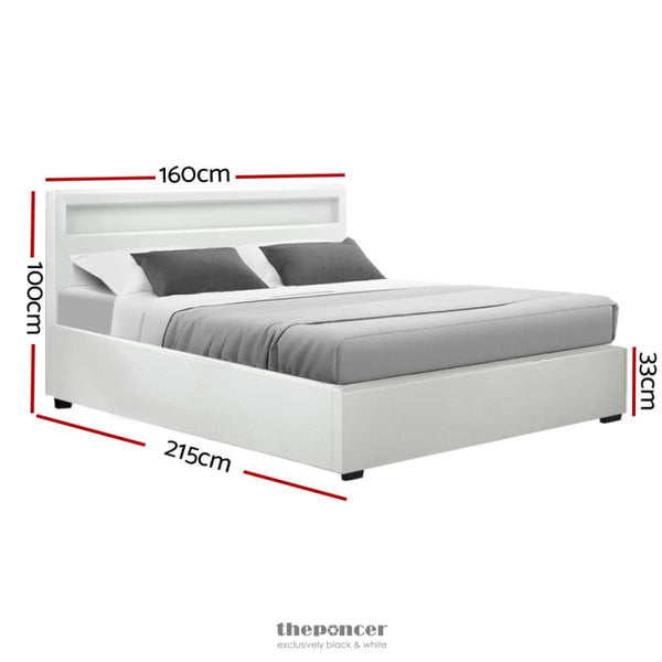 ARTISS BED FRAME QUEEN SIZE LED GAS LIFT WHITE COLE