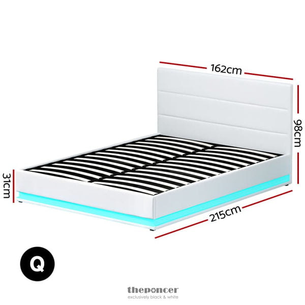ARTISS BED FRAME QUEEN SIZE LED GAS LIFT WHITE LUMI