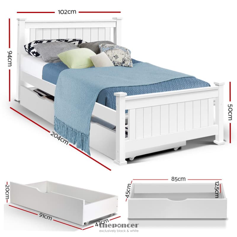 ARTISS BED FRAME SINGLE SIZE WOODEN WITH 2 DRAWERS WHITE RIO