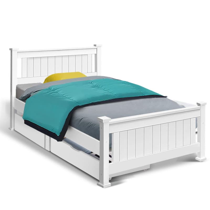 ARTISS BED FRAME SINGLE SIZE WOODEN WITH 2 DRAWERS WHITE RIO