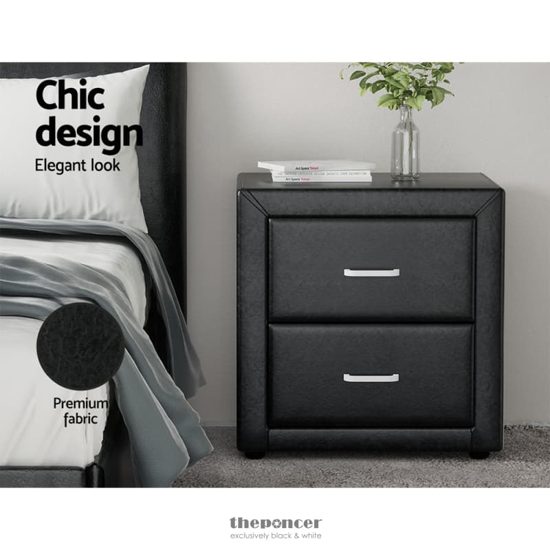 ARTISS BEDSIDE TABLE 2 DRAWERS LEATHER - CADEN BLACK