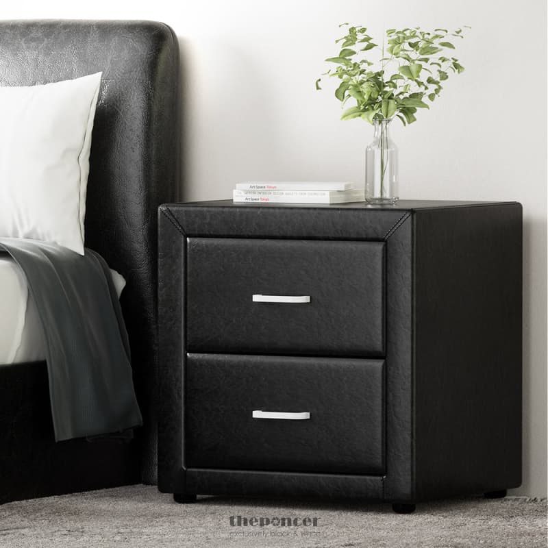 ARTISS BEDSIDE TABLE 2 DRAWERS LEATHER - CADEN BLACK