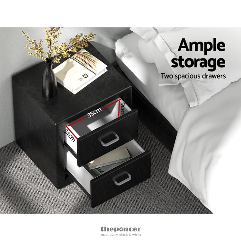 ARTISS BEDSIDE TABLE 2 DRAWERS LEATHER - CADEN BLACK